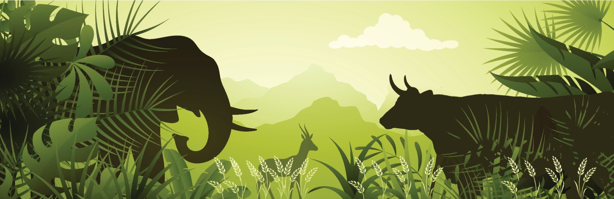 Regenerative landscape with elephant and cattle silhouettes in tropical savanna